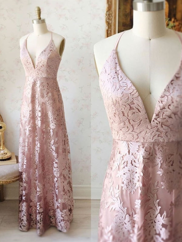 A Line V Neck Pink Lace Long Prom Dresses, Pink Lace Formal Dresses, Pink Evening Dresses