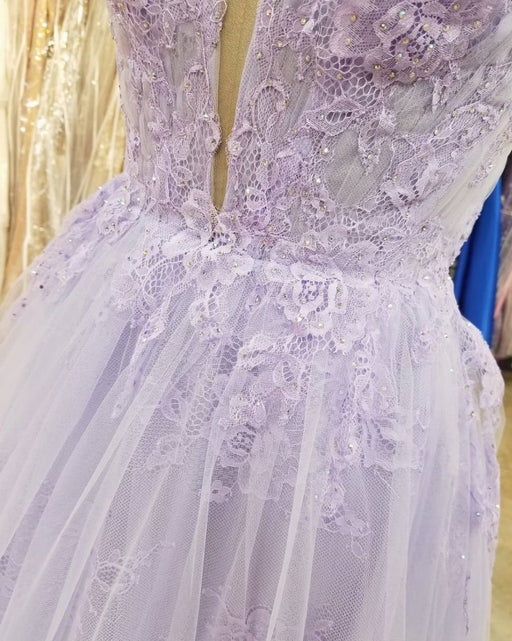 A Line V Neck Purple Lace Long Prom Dresses, Lilac Lace Long Formal Evening Dresses