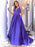 A Line V Neck Purple Satin Long Prom Dresses with Pocket, V Neck Purple Formal Graduation Evening Dresses 