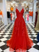 A Line V Neck Red Lace Long Prom Dresses, V Neck Red Formal Dresses, Red Lace Evening Dresses