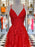 A Line V Neck Red Lace Long Prom Dresses, V Neck Red Formal Dresses, Red Lace Evening Dresses