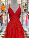 A Line V Neck Red Lace Long Prom Dresses, V Neck Red Formal Dresses, Red Lace Evening Dresses