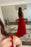 A Line V Neck Red Lace Tulle Long Prom Dresses with High Slit, Floor Length Red Lace Formal Graduation Evening Dresses 