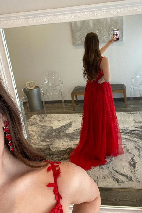 A Line V Neck Red Lace Tulle Long Prom Dresses with High Slit, Floor Length Red Lace Formal Graduation Evening Dresses 