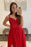 A Line V Neck Red Lace Tulle Long Prom Dresses with High Slit, Floor Length Red Lace Formal Graduation Evening Dresses 