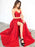 A Line V Neck Red Long Prom Dresses with High Slit, V Neck Red Formal Graduation Evening Dresses