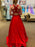 A Line V Neck Red Satin Long Prom Dresses with Pocket, V Neck Red Formal Graduation Evening Dresses 