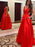 A Line V Neck Red Satin Long Prom Dresses with Pocket, V Neck Red Formal Graduation Evening Dresses 