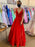 A Line V Neck Red Satin Long Prom Dresses with Pocket, V Neck Red Formal Graduation Evening Dresses 