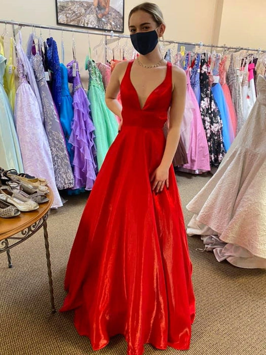 A Line V Neck Red Satin Long Prom Dresses with Pocket, V Neck Red Formal Graduation Evening Dresses 