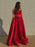 A Line V Neck Red Satin Long Prom Dresses with Belt, V Neck Red Formal Dresses, Red Evening Dresses