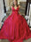 A Line V Neck Red Satin Long Prom Dresses with Pocket, V Neck Red Formal Dresses, Red Evening Dresses