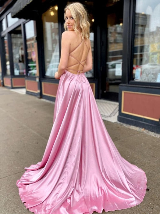 A Line V Neck Satin Backless Long Pink Prom Dresses with High Slit, V Neck Backless Pink Formal Dresses with Pocket, Backless Pink Evening Dresses