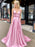 A Line V Neck Satin Backless Long Pink Prom Dresses with High Slit, V Neck Backless Pink Formal Dresses with Pocket, Backless Pink Evening Dresses