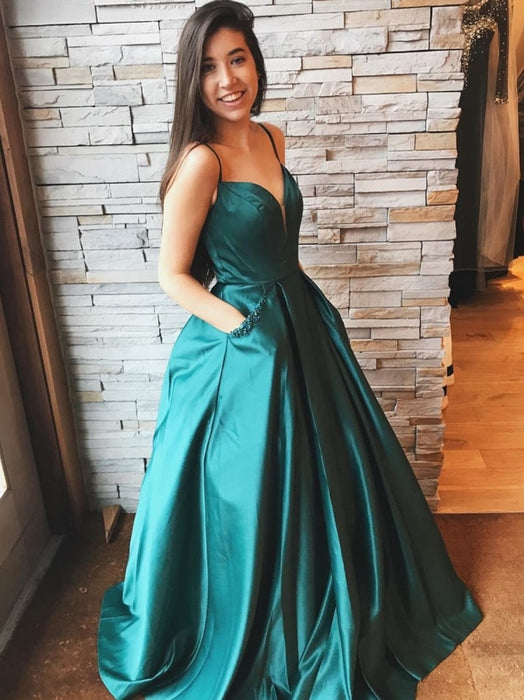 A Line V Neck Satin Long Emerald Green Prom Dresses with Pocket V Nec Bridelily