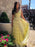 A Line V Neck Sequin Appliques Yellow Long Prom Dresses, V Neck Yellow Formal Dresses, Yellow Evening Dresses