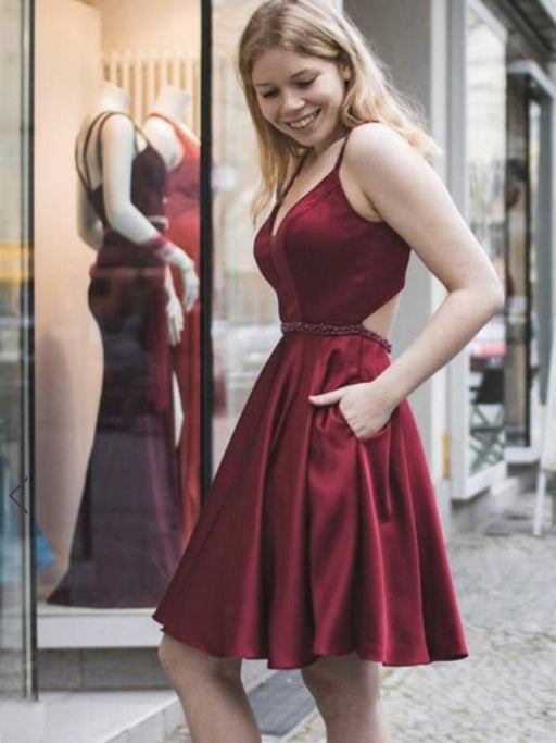 A Line V Neck Short Burgundy Prom Dresses with Pocket, Short Burgundy Formal Graduation Homecoming Dresses, Burgundy Cocktail Dresses