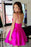 A Line V Neck Short Hot Pink Prom Dresses, Short Hot Pink Formal Graduation Homecoming Dresses