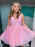 A Line V Neck Short Pink Prom Dresses with Belt, V Neck Pink Homecoming Dresses, Pink Formal Evening Dresses