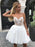 A Line V Neck Short White Lace Prom Dresses with Straps, White Lace Formal Graduation Evening Dresses