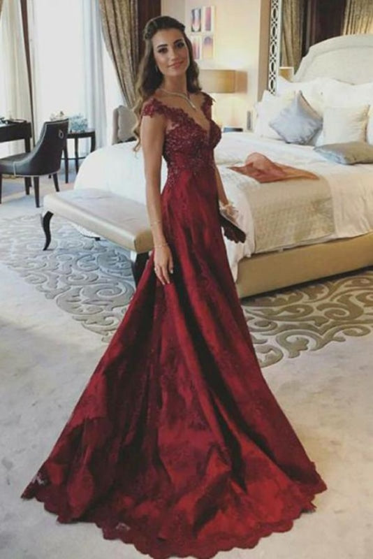 Burgundy Tulle A-Line Long Evening Prom Dresses With Detachable