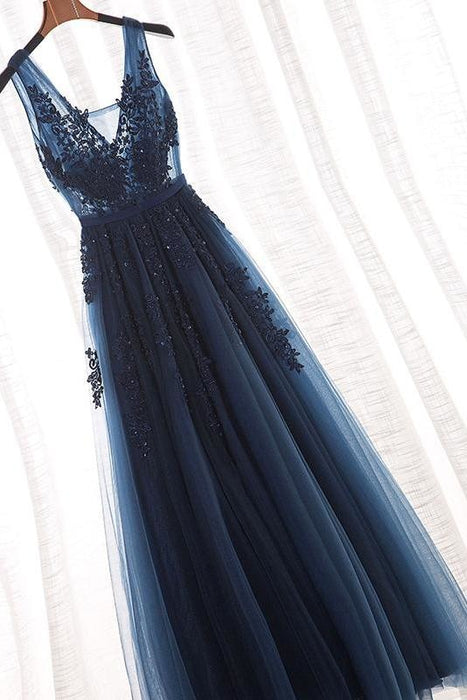 A Line V Neck Sleeveless Appliques Prom with Beads Floor Length Tulle Evening Dress - Prom Dresses