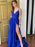 A Line V Neck Sleeveless High Slit Royal Blue Prom Dresses, V Neck Royal Blue Formal Graduation Evening Dresses