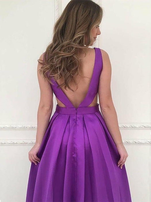 A-Line V-neck Sleeveless Sweep/Brush Train With Ruffles Satin Dresses - Prom Dresses