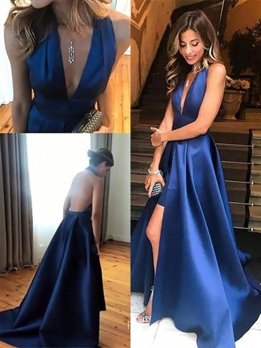 A-Line V-neck Sleeveless Sweep/Brush Train With Ruffles Satin Dresses - Prom Dresses