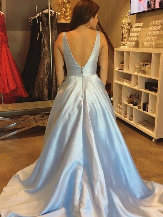 A-Line V-neck Sleeveless Sweep/Brush Train With Ruffles Satin Dresses - Prom Dresses