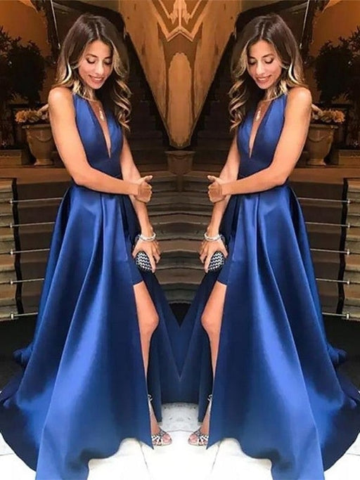 A-Line V-neck Sleeveless Sweep/Brush Train With Ruffles Satin Dresses - Prom Dresses