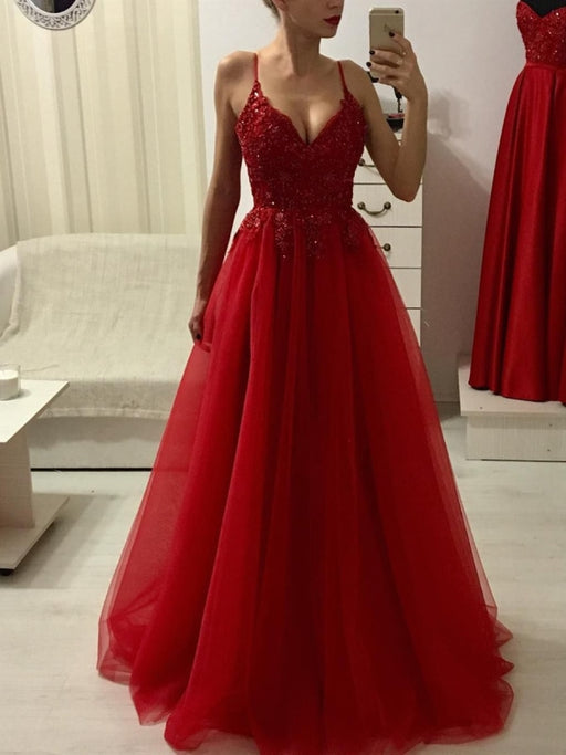 A Line V Neck tti Straps Burgundy Lace Long Prom Dresses with Beadings, Burgundy Formal Dresses, Evening Dresses