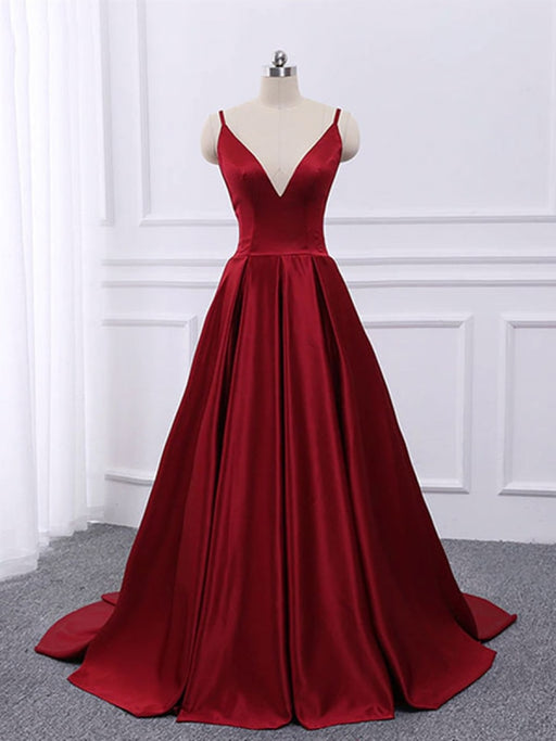 A Line V Neck tti Straps Backless Burgundy Satin Long Prom Dresses, V Neck Burgundy Formal Dresses, Burgundy Evening Dresses