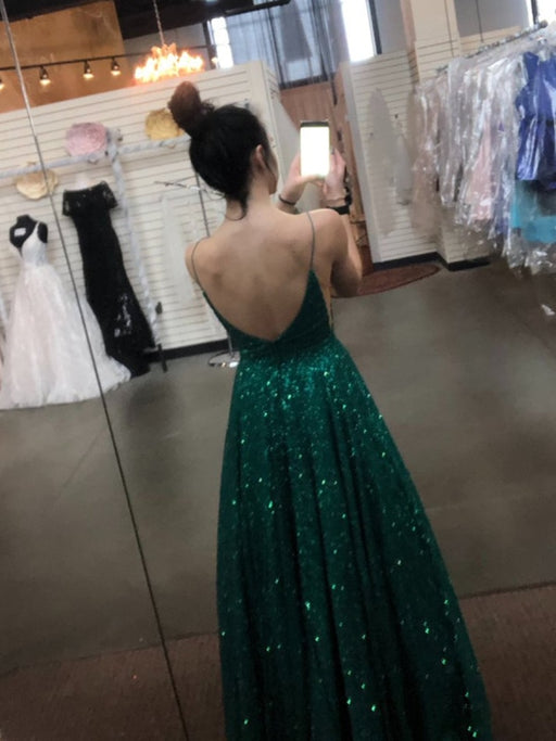 A Line V Neck tti Straps Backless Dark Green Prom Dresses, Dark Green Formal Dresses, Evening Dresses