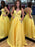 A Line V Neck tti Straps Backless Satin Yellow Long Prom Dresses with Pocket, Yellow Graduation Dresses, Evening Dresses