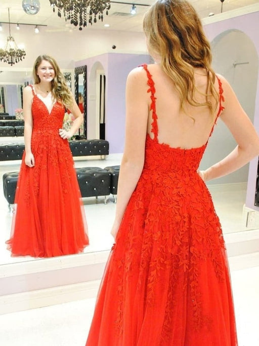 A Line V Neck tti Straps Floor Length Backless Burgundy/Red Lace Long Prom Dresses, Lace Burgundy/Red Formal Dresses