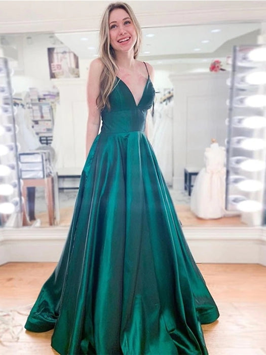 A Line V Neck tti Straps Long Emerald Green Prom Dresses, V Neck Emerald Green Formal Dresses, Simple Green Evening Dresses