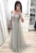 A Line V Neck Tulle Prom Gown Half Sleeves Long Party Dress with Beading - Prom Dresses