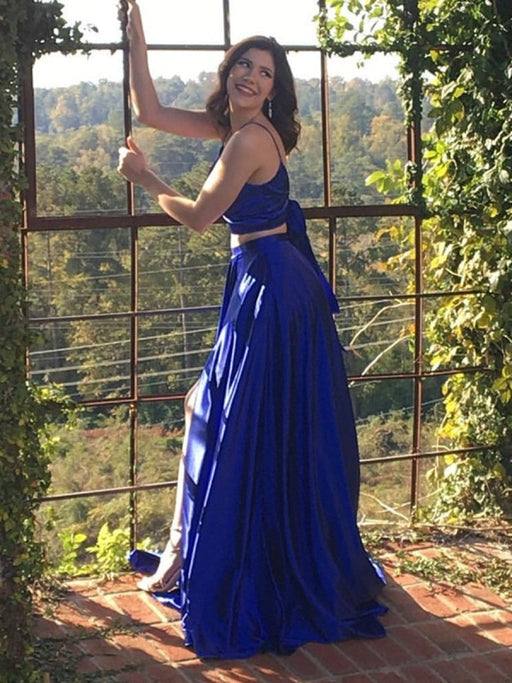 A Line V Neck Two Pieces Backless Royal Blue/Yellow Prom Dresses with High Slit, Two Pieces Royal Blue Formal Dresses, Backless Evening Dresses