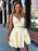 A Line V Neck Two Pieces Backless Yellow Short Prom Dresses Homecoming Dresses with Slit, Two Piece Yellow Formal Graduation Evening Dresses