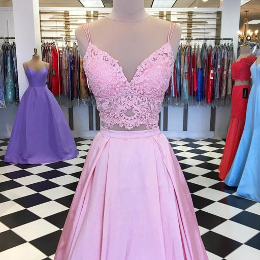 A Line V Neck Two Pieces Lace Top Pink Satin Long Prom Dresses, Pink Two Pieces Lace Formal Graduation Evening Dresses