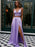 A Line V Neck Two Pieces Lilac Long Prom Dresses with High Slit, Lavender Formal Dresses, Lilac Evening Dresses