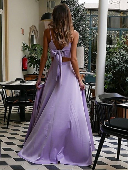 A Line V Neck Two Pieces Lilac Long Prom with High Slit, Lavender
