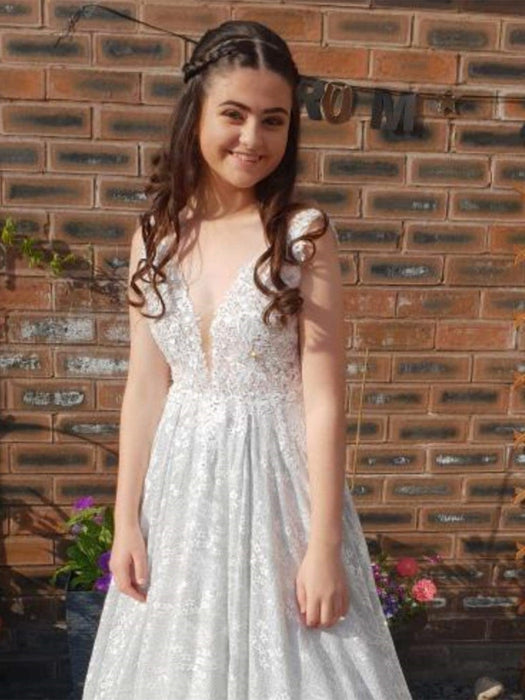 A Line V Neck White Lace Long Prom Dresses, White Lace Formal Dresses, White Evening Dresses 