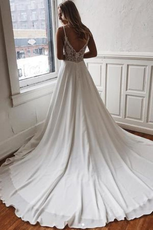 A Line V Neck White Wedding Dresses with Sweep Train, White V Neck Long Prom Dresses, White Formal Dresses Evening Dresses