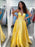 A Line V Neck Yellow Satin Long Prom Dresses, Yellow Satin Long Formal Evening Dresses