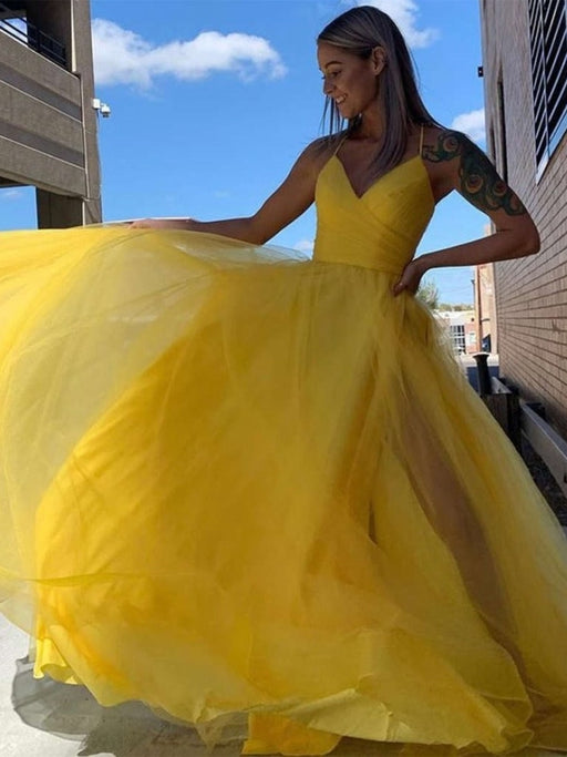 A Line V Neck Yellow Tulle Long Prom Dresses, V Neck Yellow Formal Graduation Evening Dresses 