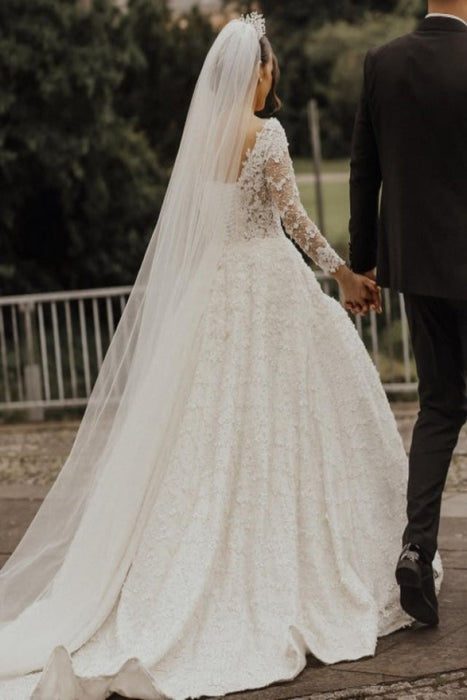 A line wedding dresses with sleeves Floral Lace Bridal Dress - Wedding Dresses