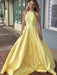 A Line Yellow Satin Beaded Long Prom Dresses, Yellow Formal Graduation Evening Dresses