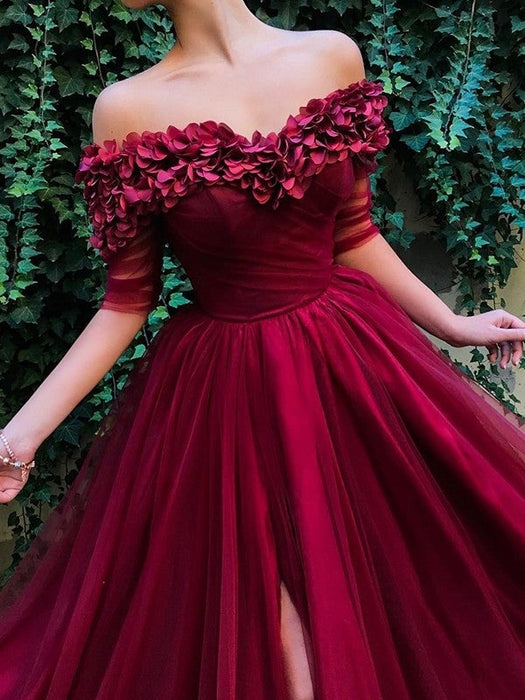 A-Line/Princess 1/2 Sleeves Off-the-Shoulder Sweep/Brush Train Ruffles Tulle Dresses - Prom Dresses